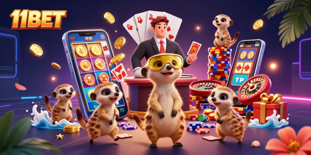 Experience the excitement of 11BET with meerkats in a vibrant casino scene filled with slot games.