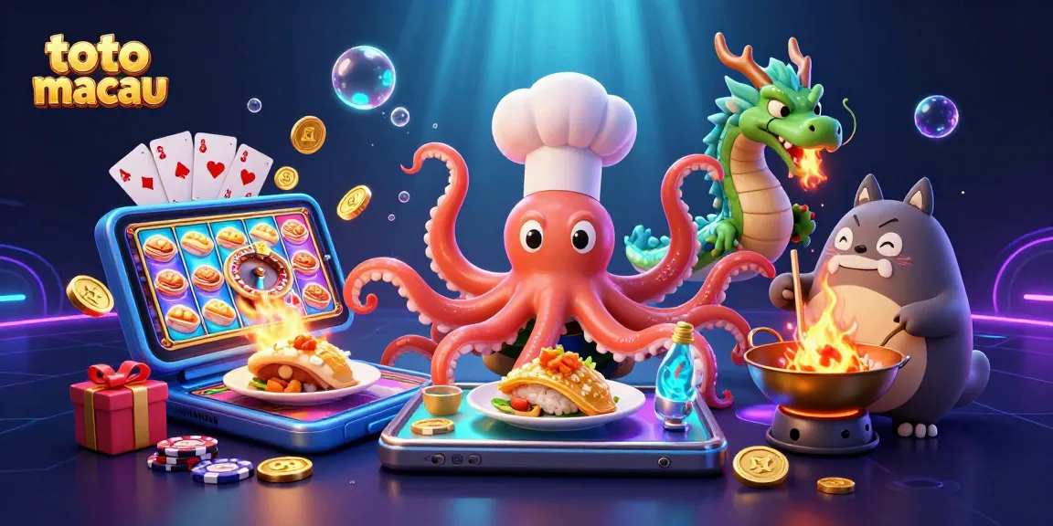 Mengguncang toto macau, chef sashimi gurita 3D menyiapkan hidangan emas dengan pendukung naga hijau dan tanuki sosok, detail intens dalam desain.