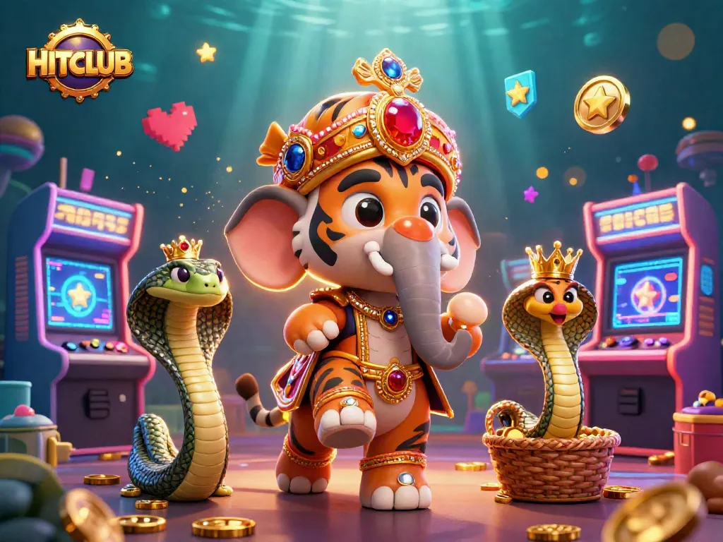 Engage in gaming at HITCLUB with a vibrant, colorful 3D casino scene of characters and game elements.