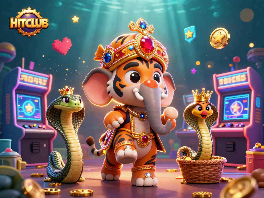 Engage in gaming at HITCLUB with a vibrant, colorful 3D casino scene of characters and game elements.