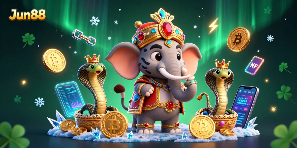 Experience excitement at Jun88 with vibrant casino elements, showcasing crypto treasures alongside a magnificent elephant.