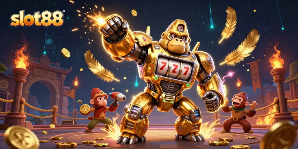 Engage with the slot88 gaming excitement through a vibrant 3D illustration showcasing a dynamic gorilla mech and casino elements.