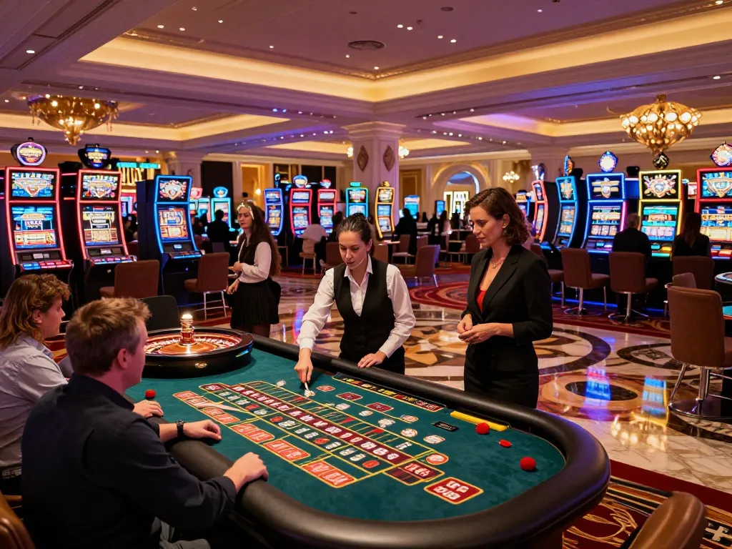 Sunwingo excitement at a roulette table in a Vegas casino, players engaged in placing bets.