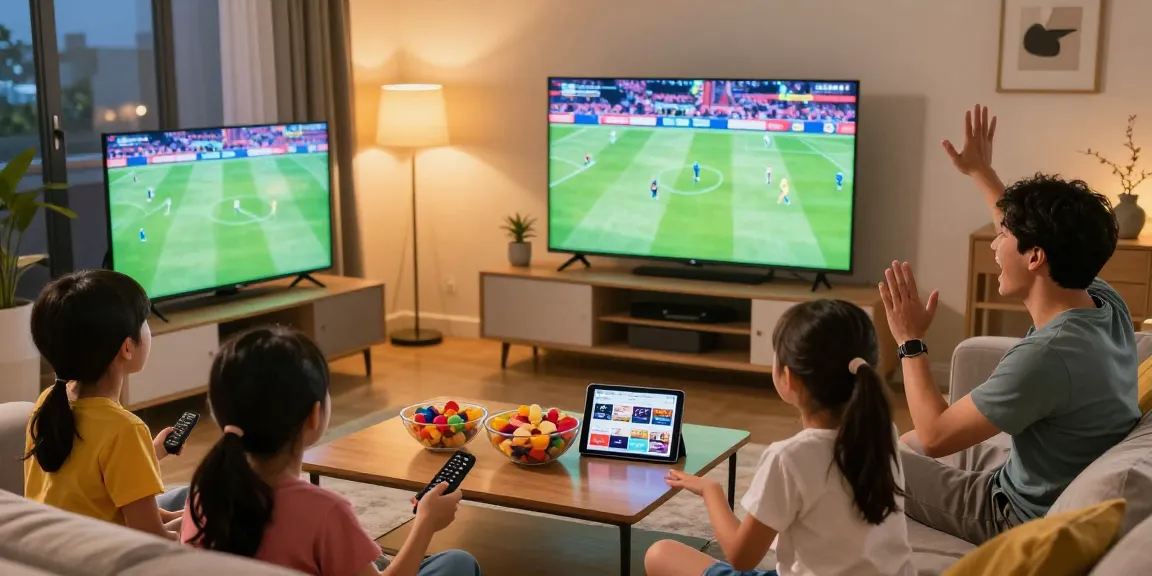 Family enjoying IPTV sports streaming in a cozy living room