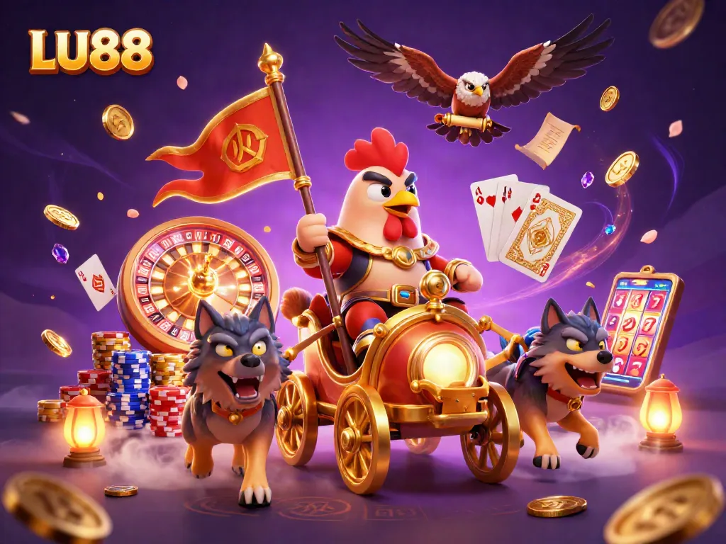 Experience the thrill of LU88 with a rooster warlord leading an action-packed casino adventure amidst colorful gambling elements.