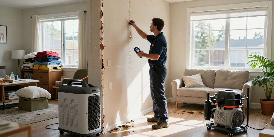 Water Damage Restoration Vancouver: Technician assessing drywall damage with industrial equipment during emergency response.