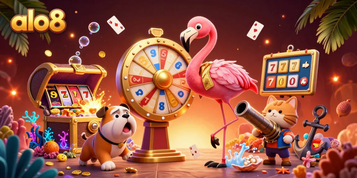 Alo8 presents an exciting casino scene featuring flamingo and bulldog characters, embodied in a vibrant, 3D illustration.