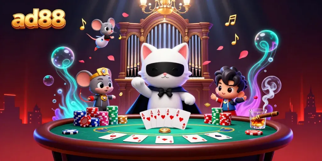 Play games and win at ad88 in this vibrant casino scene with engaging characters.