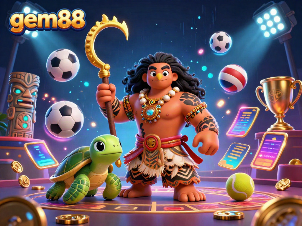 Experience vibrant gaming action with gem88, featuring lively casino characters and dynamic sports elements.