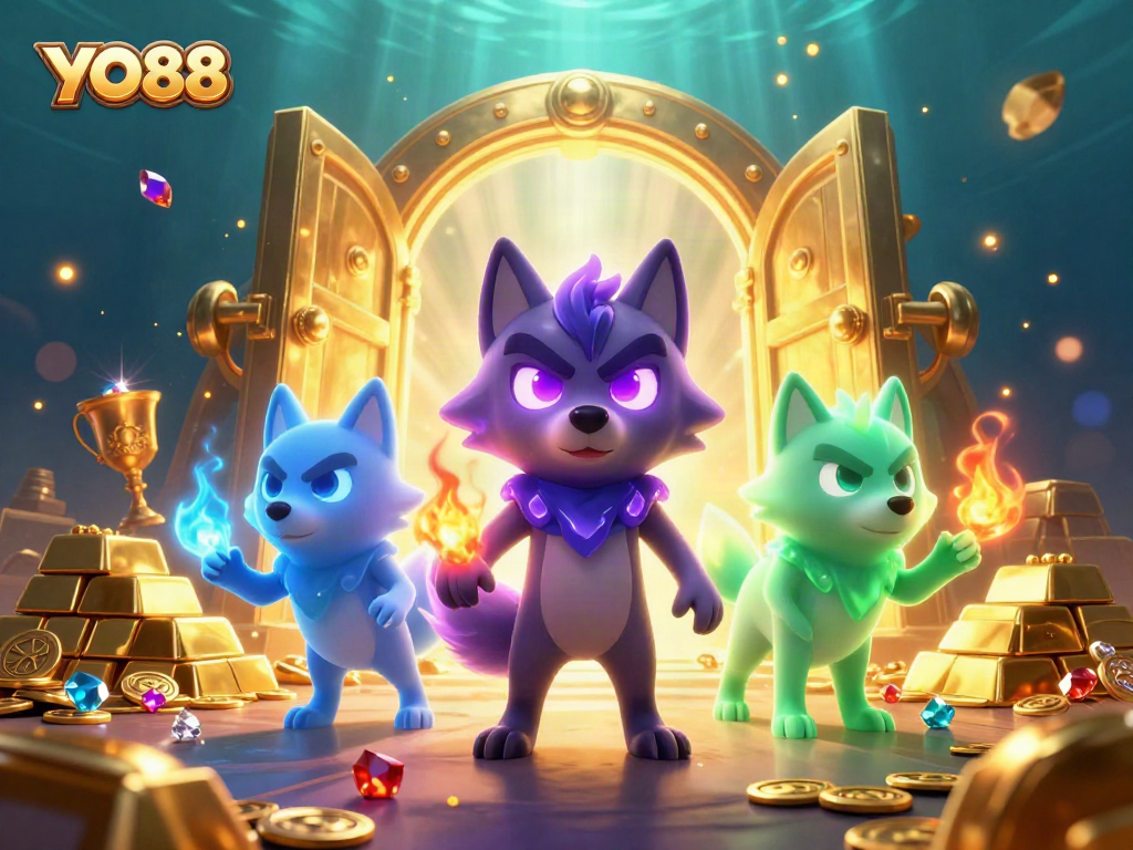 Experience the vibrant casino fantasy of YO88 with a shadow wolf pack leader surrounded by treasures.