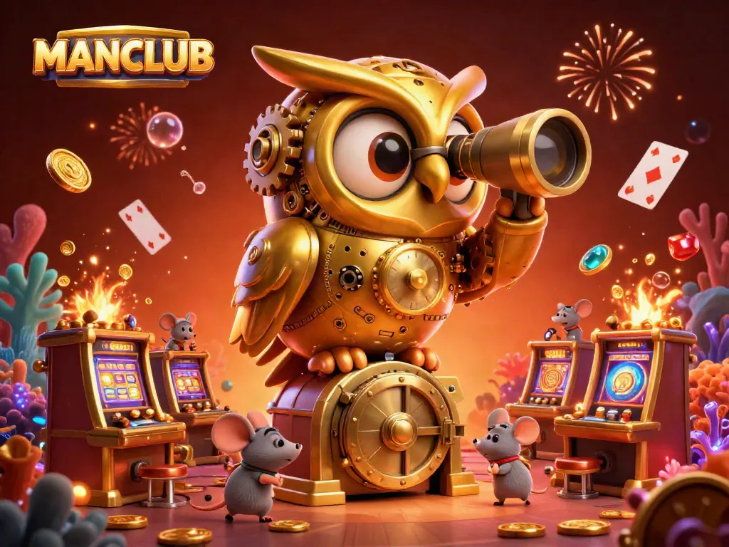 Engage with MANCLUB-themed slot action in a packed, vibrant casino illustration.