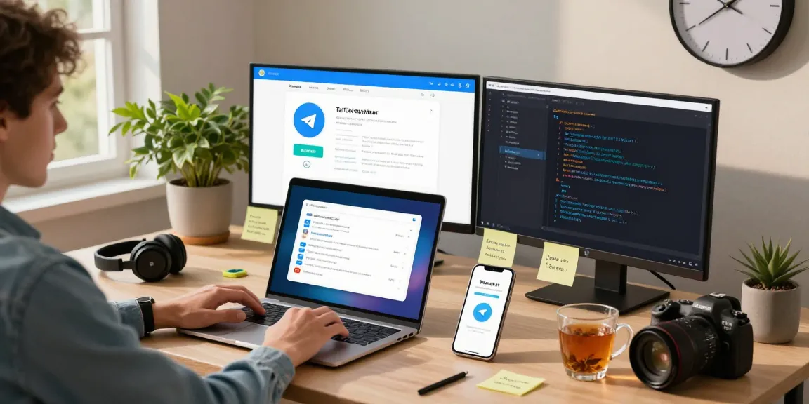 Illustration of Telegram下载 in a modern workspace with user setup at a laptop displaying the app interface.