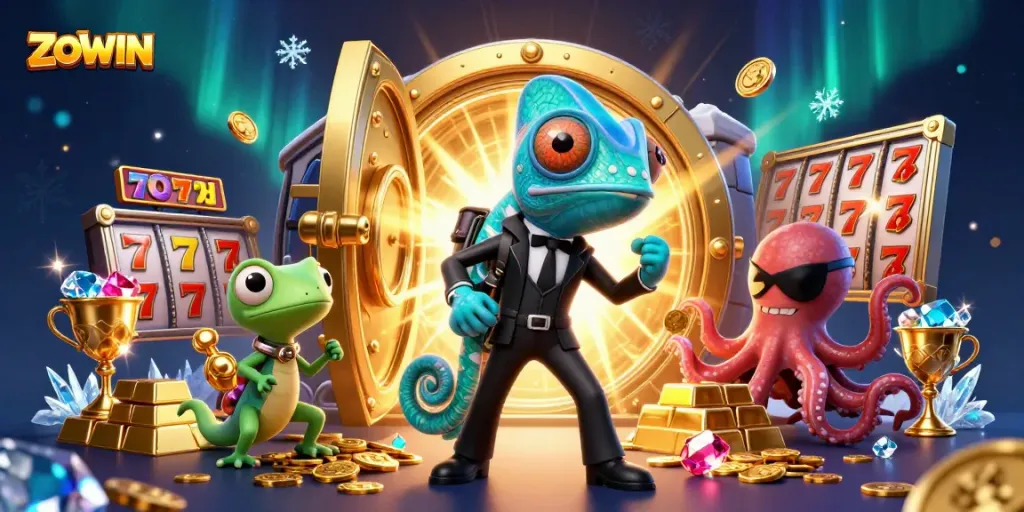 ZOWIN players engaging with online slots and jackpots in a vibrant casino atmosphere