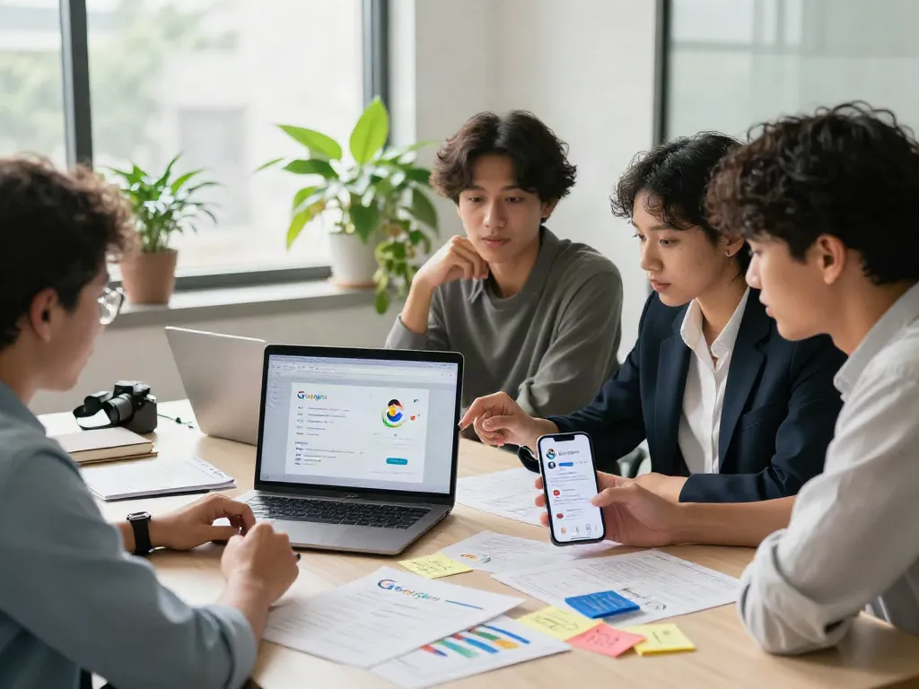 Collaborative team discussing strategies to get Google reviews in a modern office.