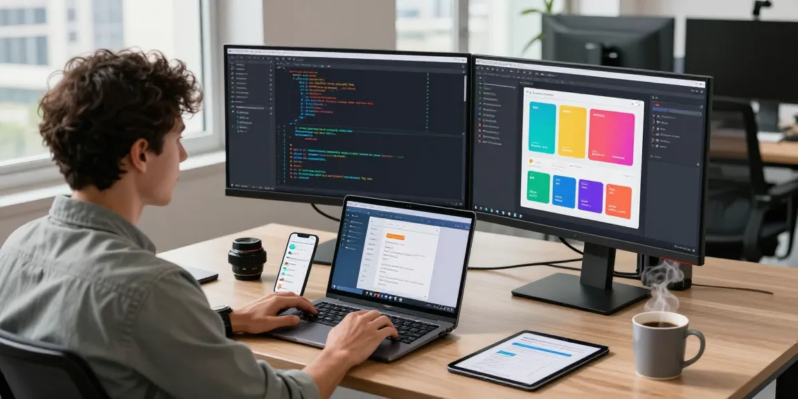 快连 software developer in a modern workspace using dual monitors for coding solutions in a contemporary office.