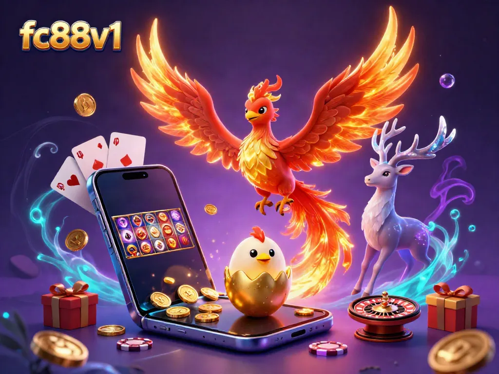Experience the excitement at fc88v1 with a phoenix soaring, golden coins, and vibrant slot games.