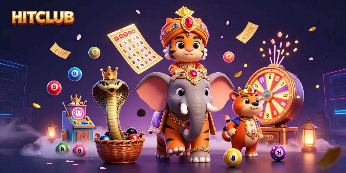 Immerse in the HITCLUB experience with vibrant lottery elements and colorful characters bursting into action.