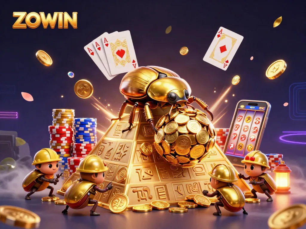 ZOWIN's vibrant illustration showcases epic wins, sparkling gems, and dynamic casino gameplay.