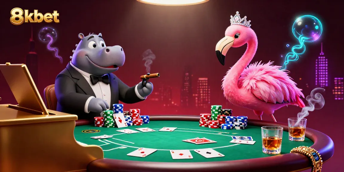 A lively 3D scene showcasing 8xbet-themed gambling with a flamingo singer and hippo bassist at a poker table.