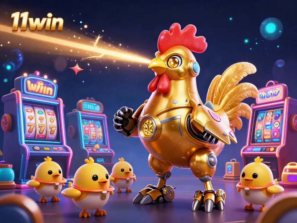 Experience 11win's vibrant 3D casino world with a golden rooster robot and slot machines.