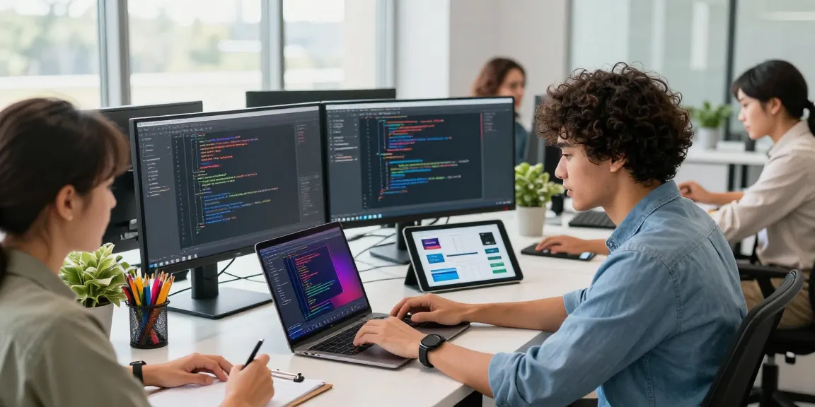 Collaborative workspace showcasing Telegram下载 app development by a team of professionals.