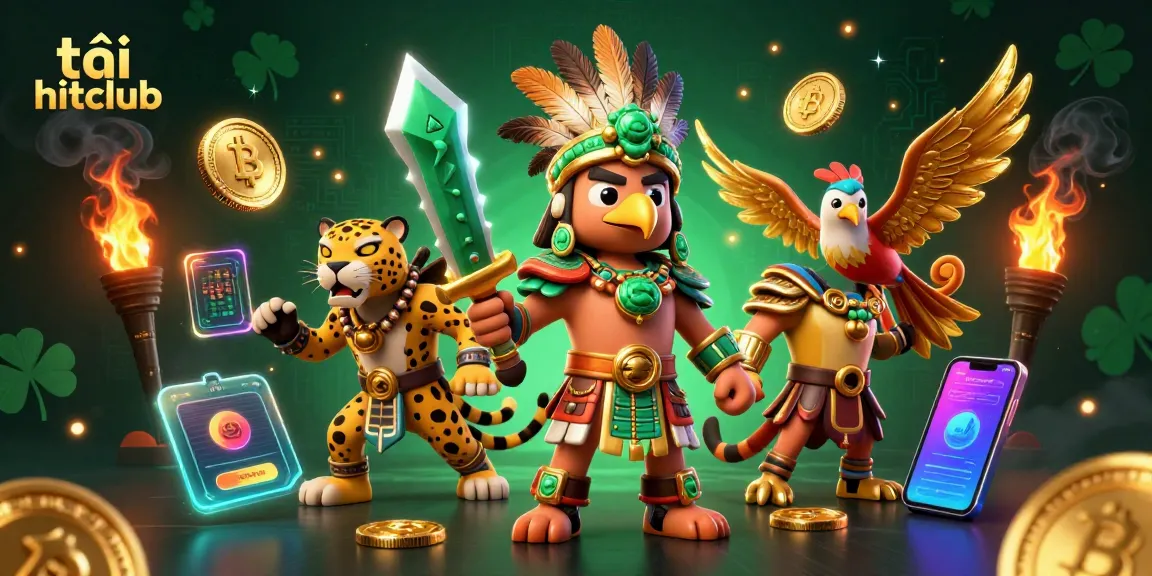 Engage with thrilling gameplay at tải hitclub, featuring vibrant Aztec warriors amidst crypto elements and casino action.