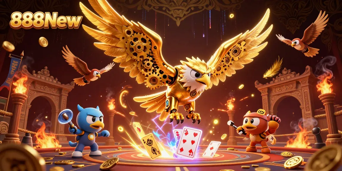 Experience thrilling gameplay with 888New as the golden eagle dives through holographic cards.
