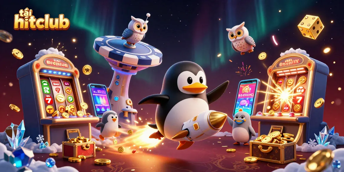 Experience the thrill of tải hitclub with the energetic golden penguin at a casino space station.