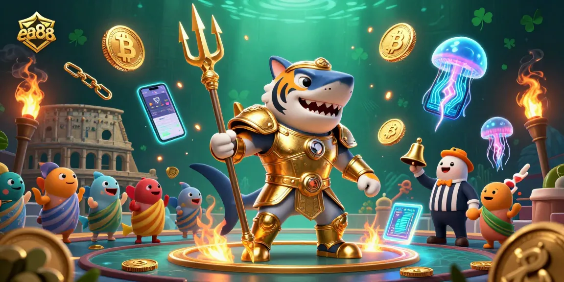 Win big with ea88 at the underwater casino featuring a fierce shark in gladiator armor.