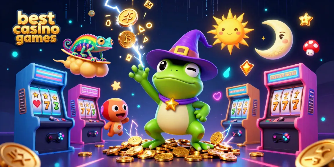 Engage with the best casino games in a dynamic 3D illustration featuring magical characters and casino elements.