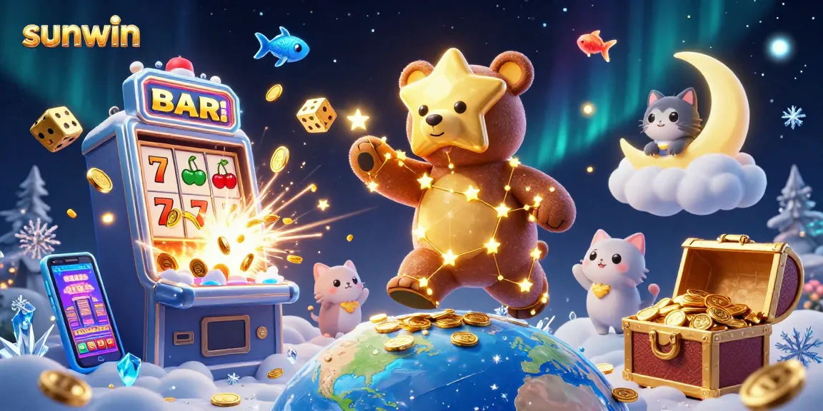 Win big with sunwin in this vibrant 3D illustration featuring casino elements and characters.